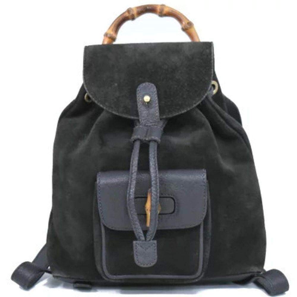 Gucci Bamboo Drawstring Backpack Rucksack Suede Leather Black